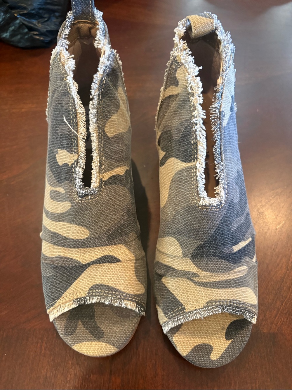 Very G Camo Peep-Toe Ankle Booties in Olive and Tan